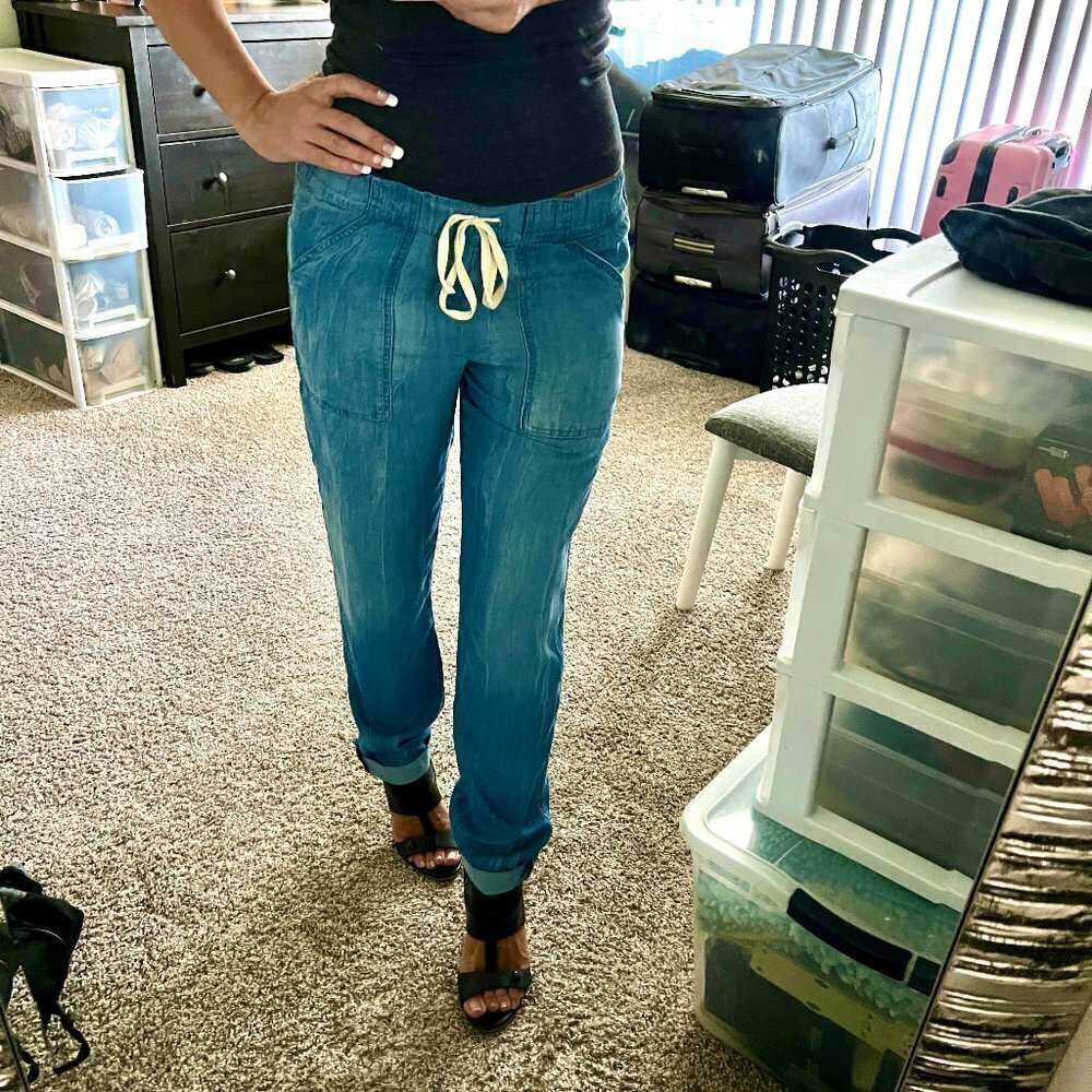 Splendid Elastic Draw String Denim Pants with Rolled Button Ankle. Hard …